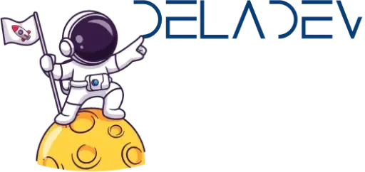 logo de Deladev accompagné d'un mignon astronaute sur une lune avec un drapeau dans la main gauche et l'index de la main droite montre le logo de DELADEV