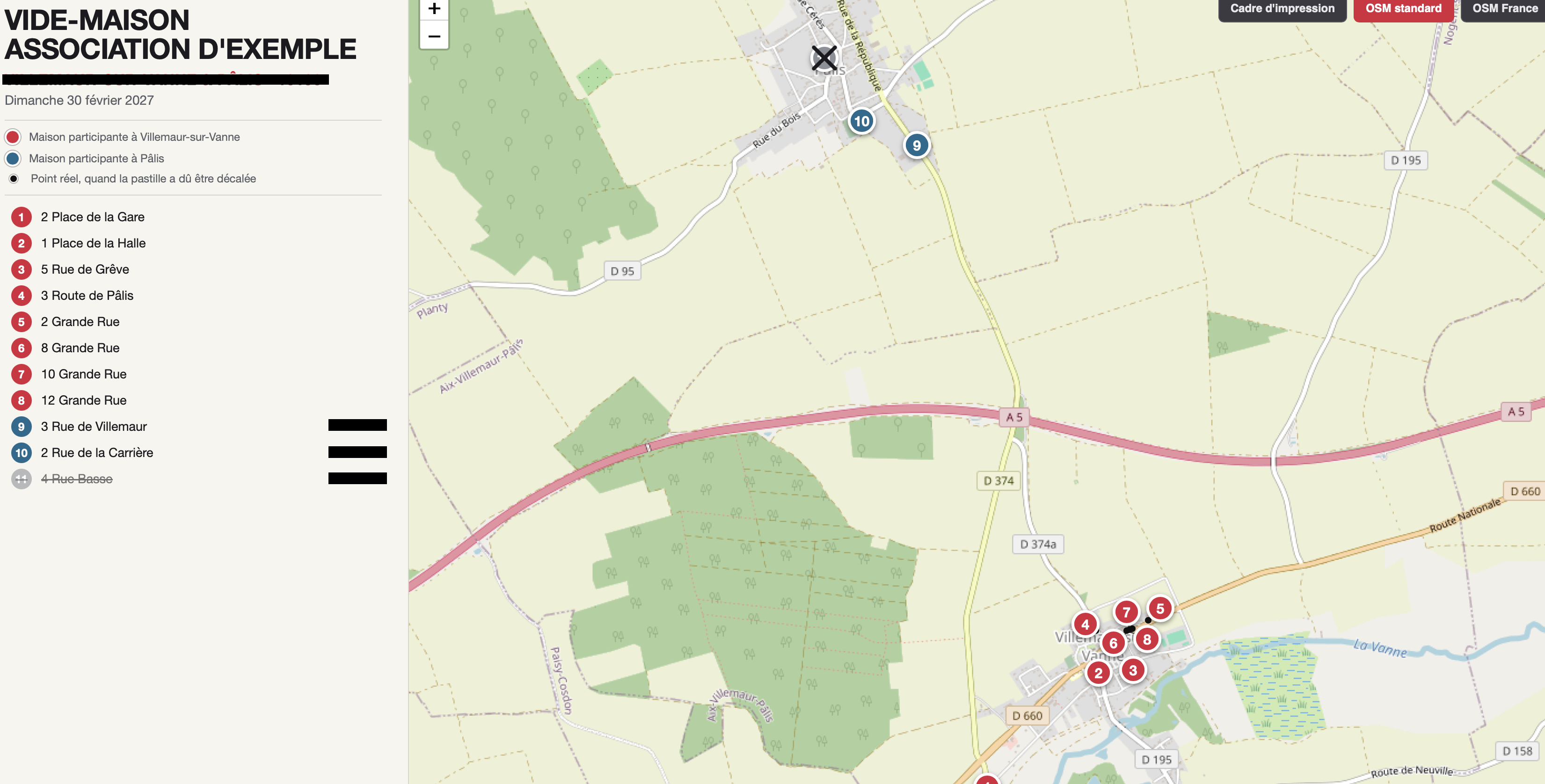 Aperçu du projet Vide-maison — carte interactive des adresses participantes